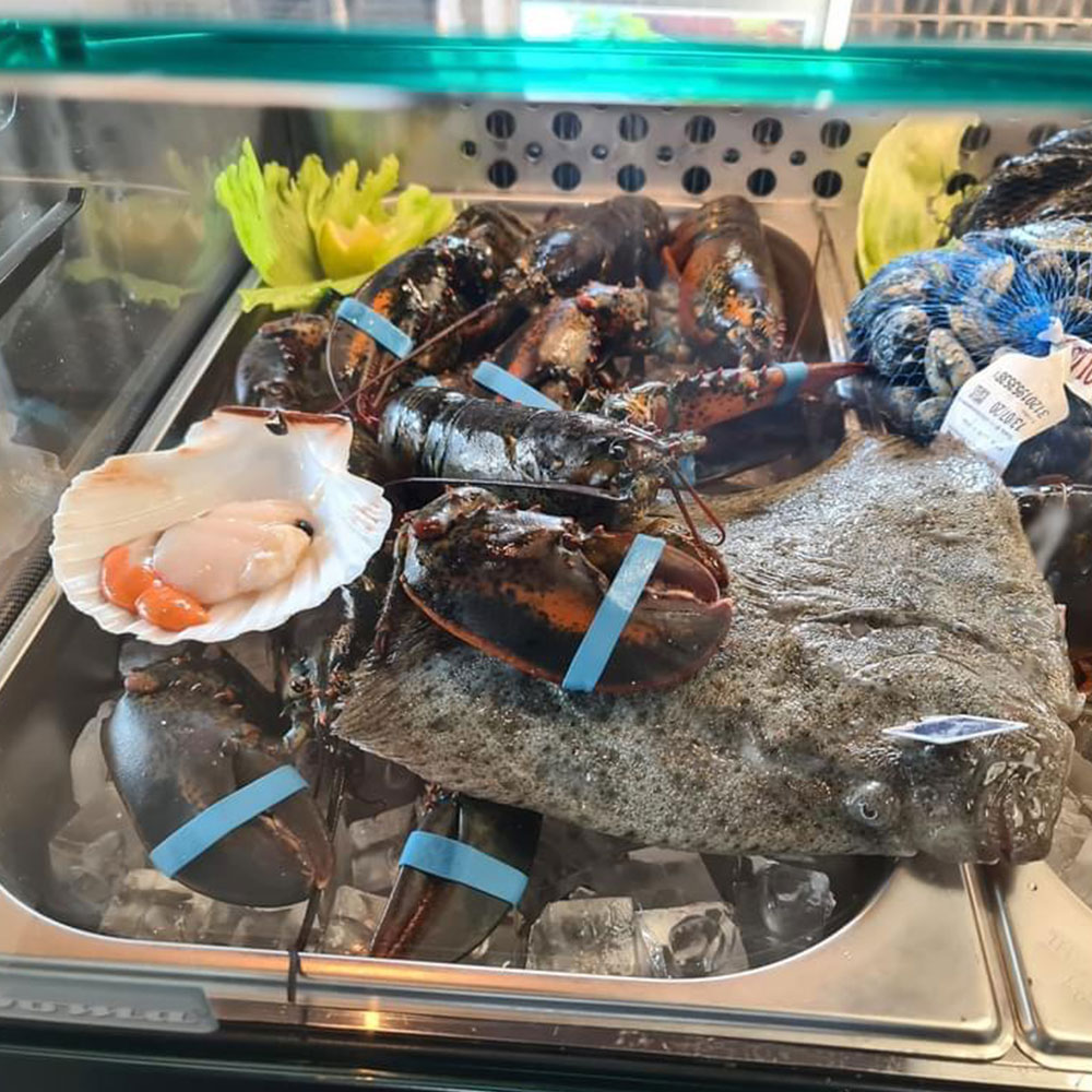 Verschiedene frische Fische hinter der Vitrine